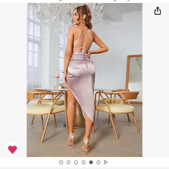 Women's Satin Lace up Backless High Slit Dress Asymmetric Hem - Picture 3 of 3